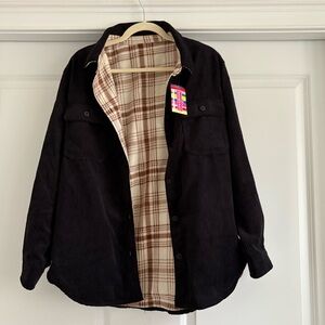 Love Tree Black Corduroy and Plaid Fleece Reversible Shirt Jacket